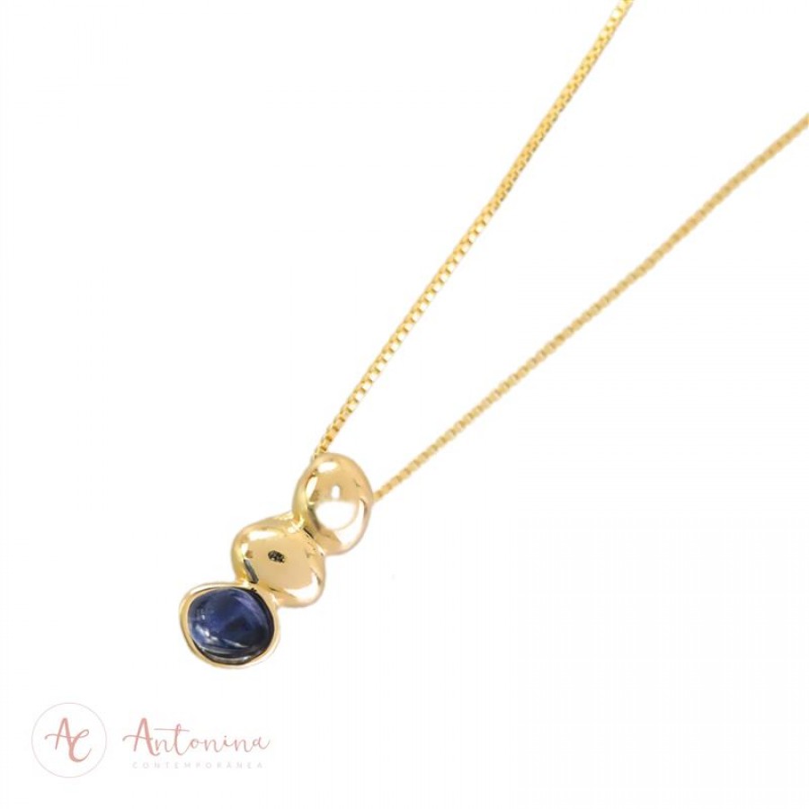 Colar Gaia Com Pedras Naturais Sodalita E Banhado Em Ouro 18k