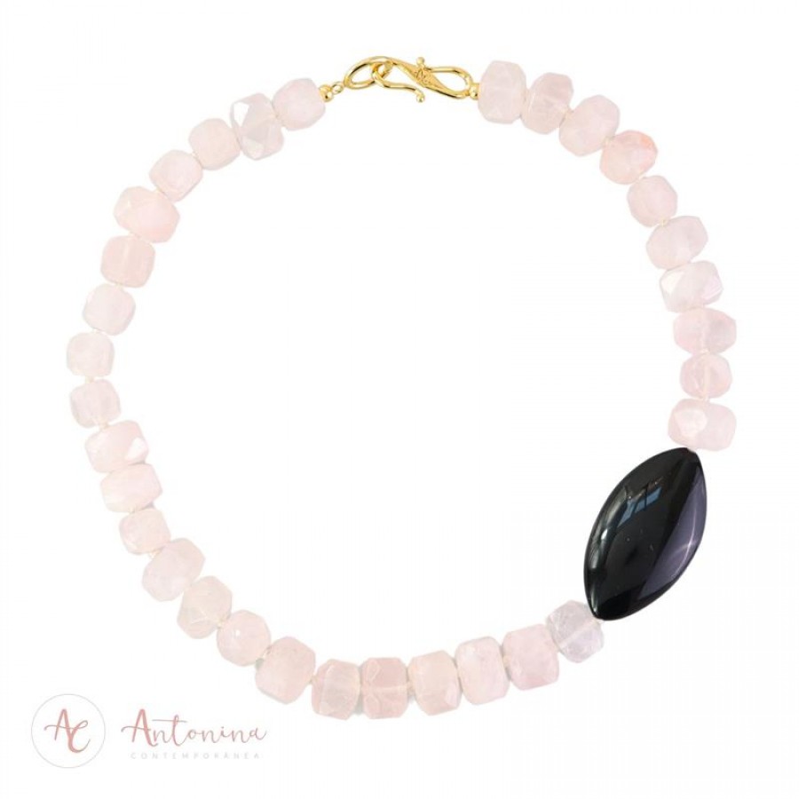Colar Curto Quartzo Rosa Com Navete Obsidiana Negra 