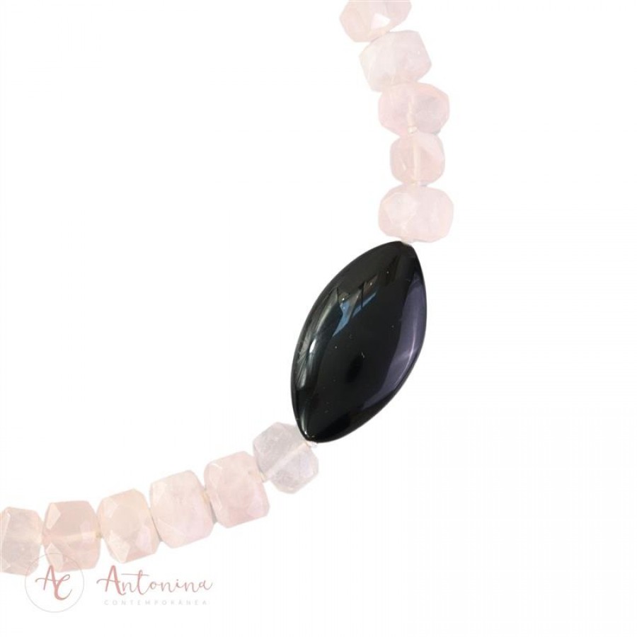 Colar Curto Quartzo Rosa Com Navete Obsidiana Negra 