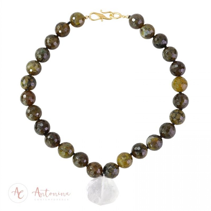 Colar Ágata Verde Musgo Com Cristal Quartzo Facetado 