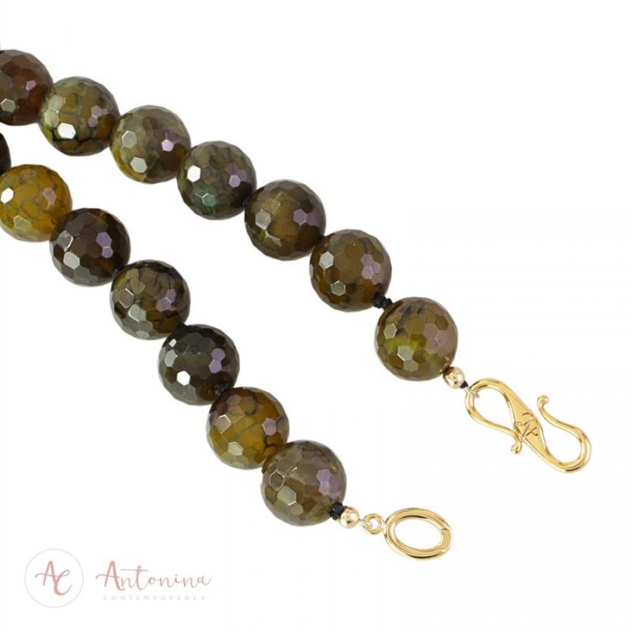 Colar Ágata Verde Musgo Com Cristal Quartzo Facetado 