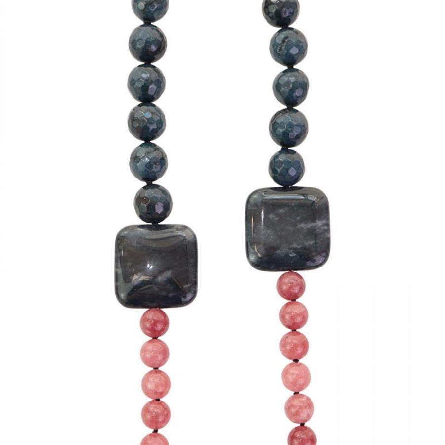 Colar Longo Jade Safira Com Jade Rosa Seco