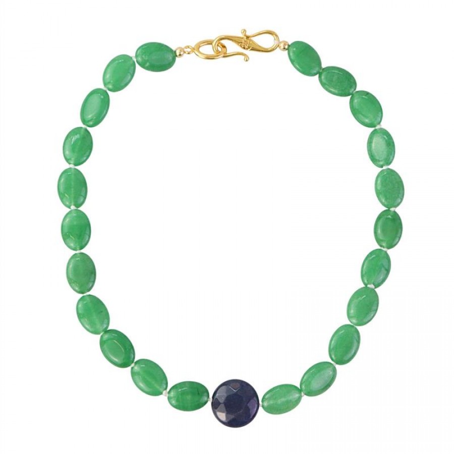 Colar Curto Jade Verde Oval Com Moeda Jade Safira
