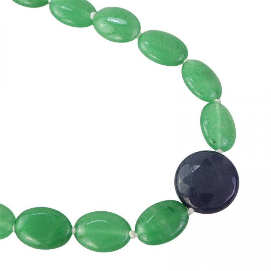 Colar Curto Jade Verde Oval Com Moeda Jade Safira