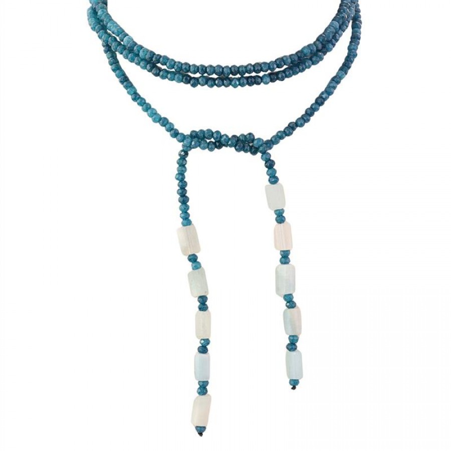 Colar Pashmina Azul Apatita Com Água Marinha