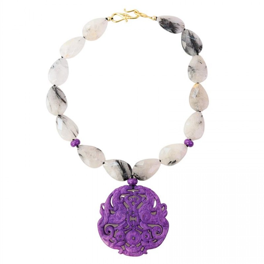 Colar Curto Quartzo Turmalinado Com Mandala Berinjela