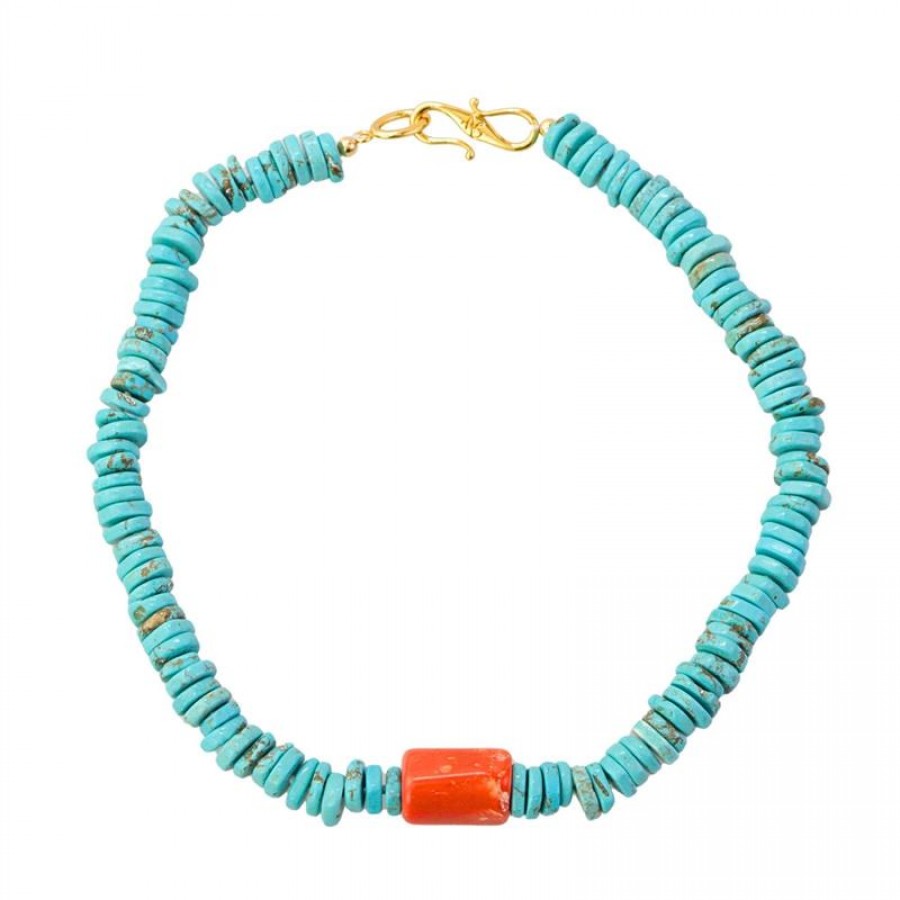 Colar Curto Turquesa Com Coral Central