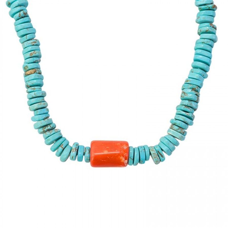 Colar Curto Turquesa Com Coral Central