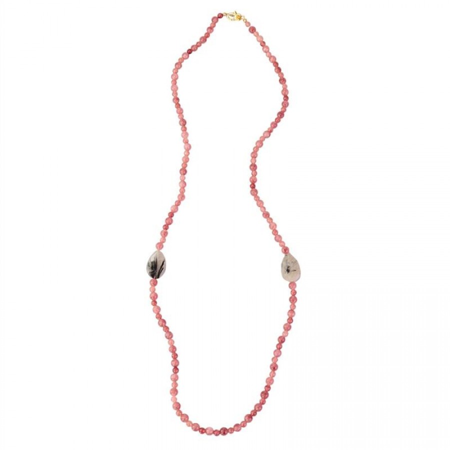 Colar Longo Jade Rosa Seco Com Quartzo Turmalinado