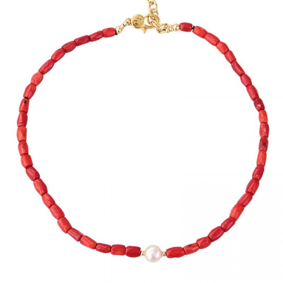 Colar Curto Coral Vermelho Com Pérola