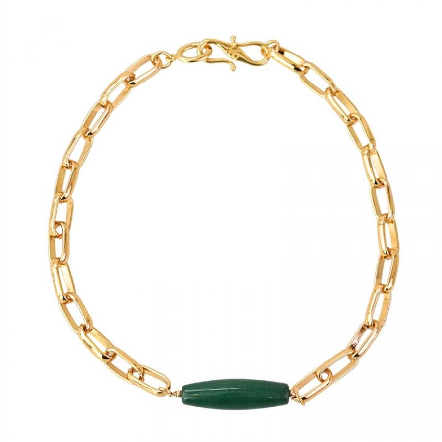 Colar Curto De Elos Com Tubo Jade Verde Banhado Em Ouro 18k