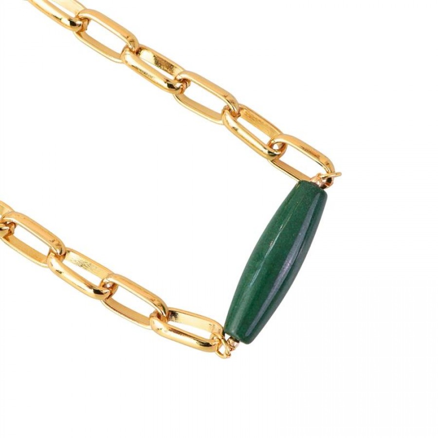Colar Curto De Elos Com Tubo Jade Verde Banhado Em Ouro 18k