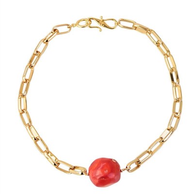 Colar Curto De Elos Com Coral Vermelho Banhado Em Ouro 18k