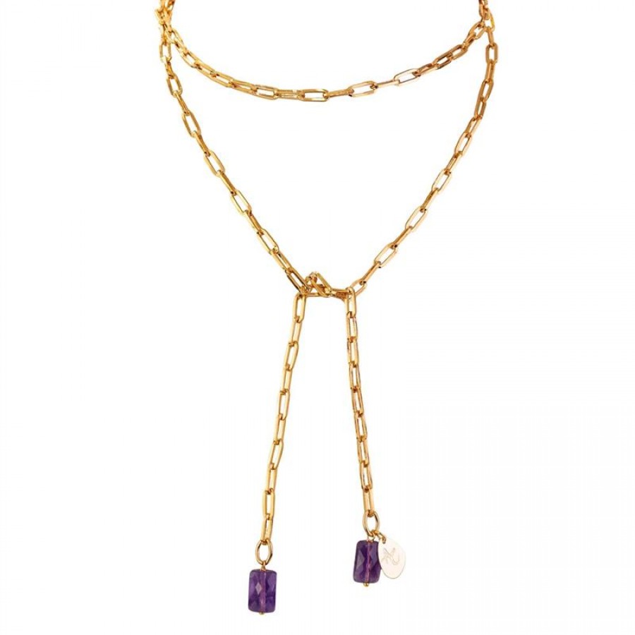 Colar Pashmina Mini Elos Com Ametista Banhado Em Ouro 18k