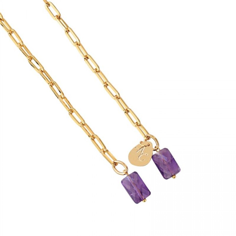 Colar Pashmina Mini Elos Com Ametista Banhado Em Ouro 18k