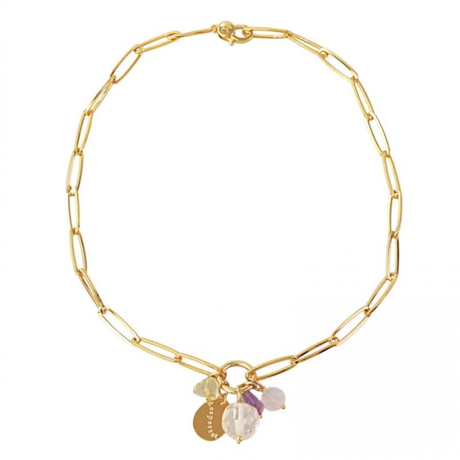Colar Curto De Elos Com Cacho Mix De Pedras Despertar Banhado Em Ouro 18k