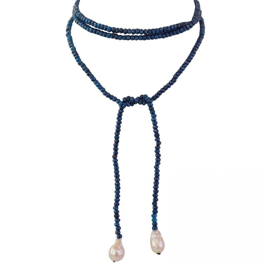 Colar Pashmina Jade Safira Com Pérola Barroca