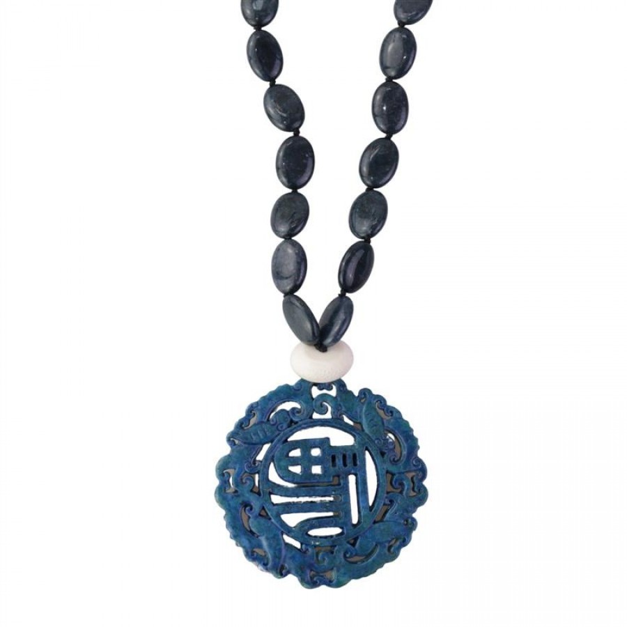 Colar Longo Jade Safira Com Mandala Azul