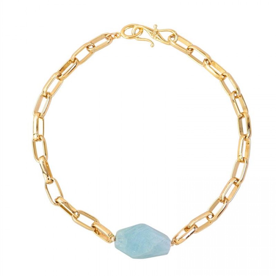 Colar Curto De Elos Com Água Marinha Banhado Em Ouro 18k