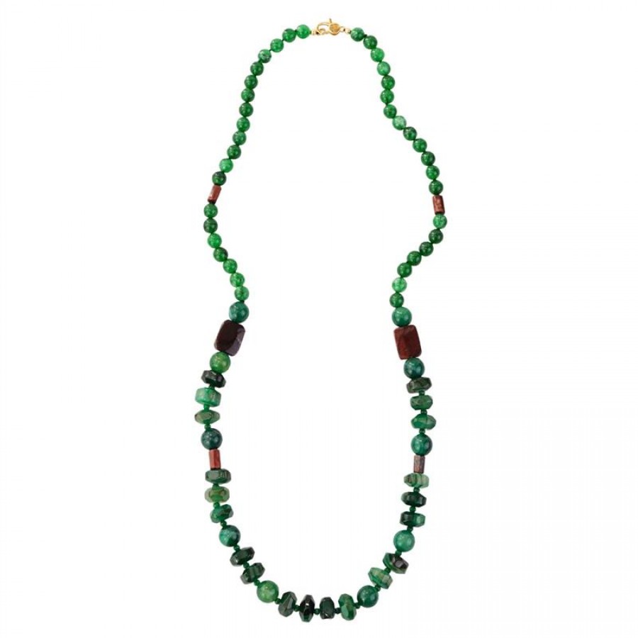 Colar Longo Quartzo Verde Com Jade Olho De Tigre Vermelho