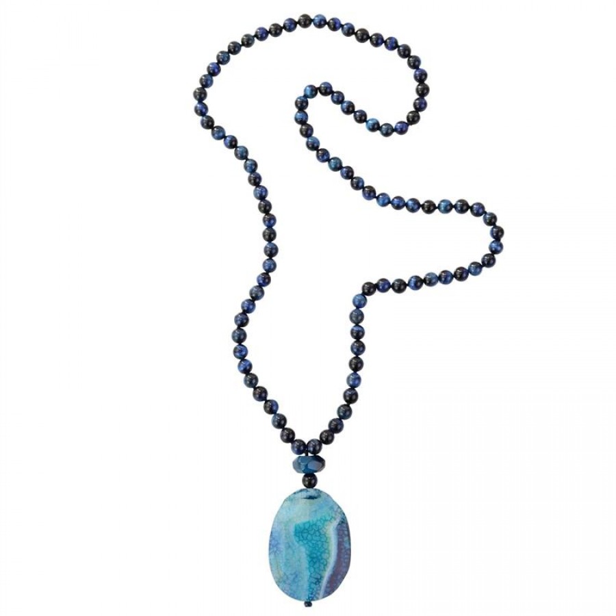 Colar Longo Com Pingente Ágata Azul