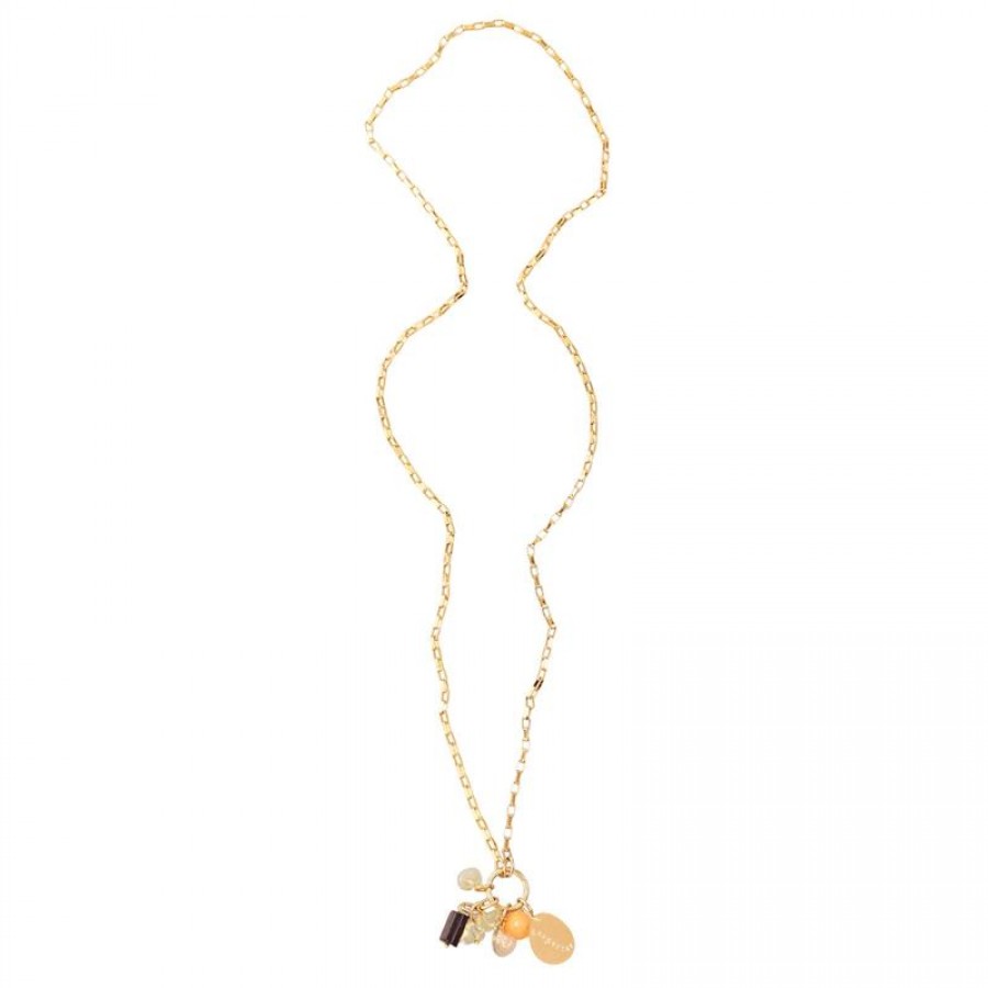 Colar Longo De Elos Com Pingente Jade Laranja Com Olho De Tigre Vermelho E Citrino