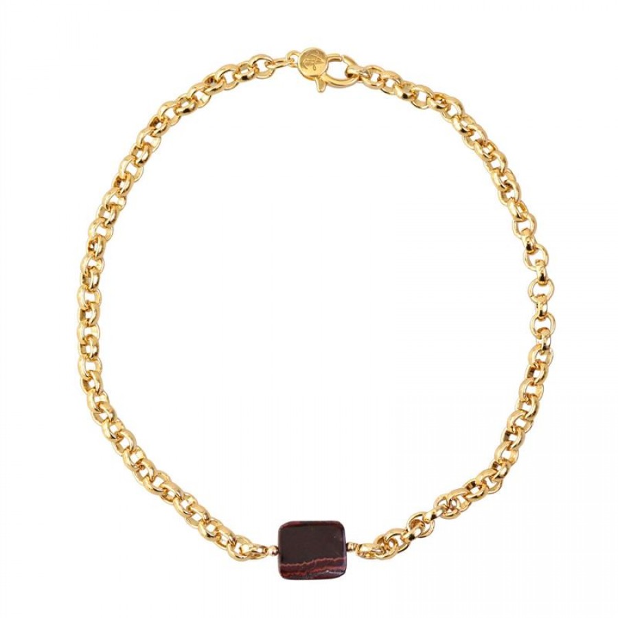 Colar Curto Elo Português Com Olho De Tigre Vermelho