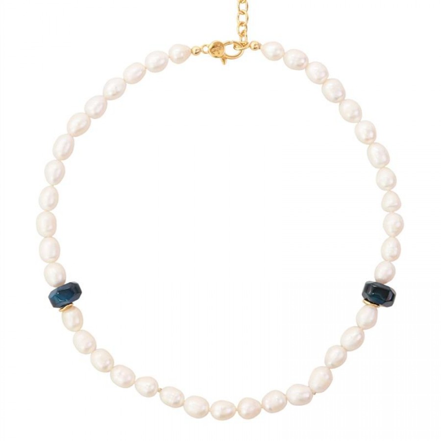 Colar Curto De Pérola Barroca Com Ágata Azul