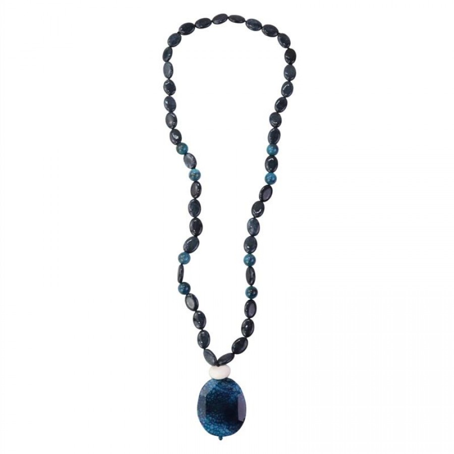 Colar Longo Jade Safira Com Apatita E Medalha Azul
