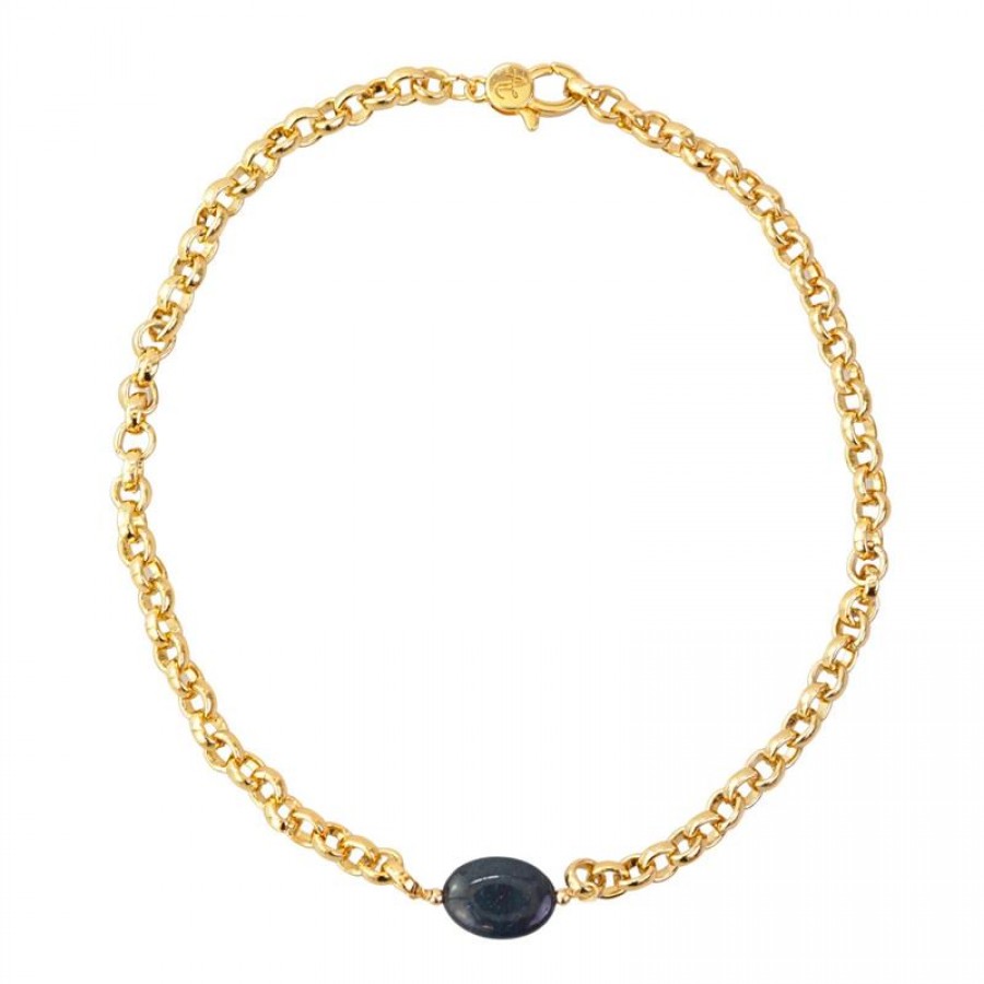 Colar Curto Elo Português Com Jade Safira Banhado Em Ouro 18k