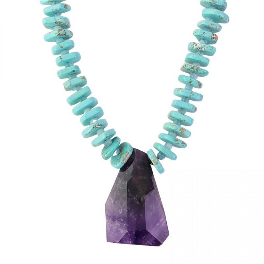 Colar Curto Turquesa Com Ametista E Fecho Ametista 