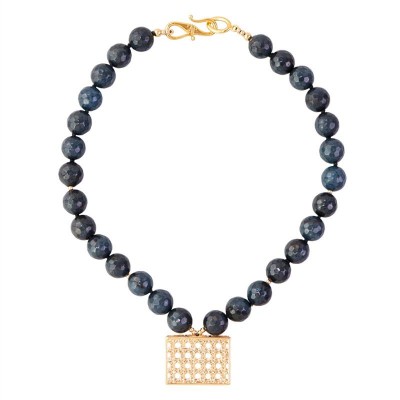 Colar Curto Jade Safira Com Pingente Retangular Rattan