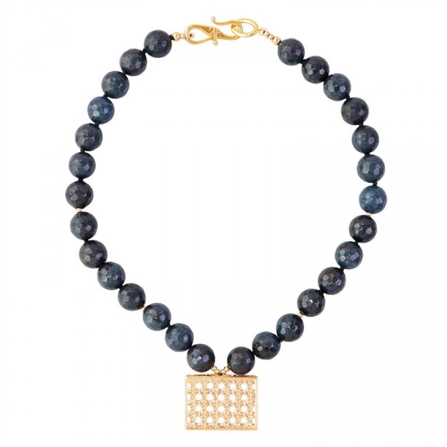 Colar Curto Jade Safira Com Pingente Retangular Rattan