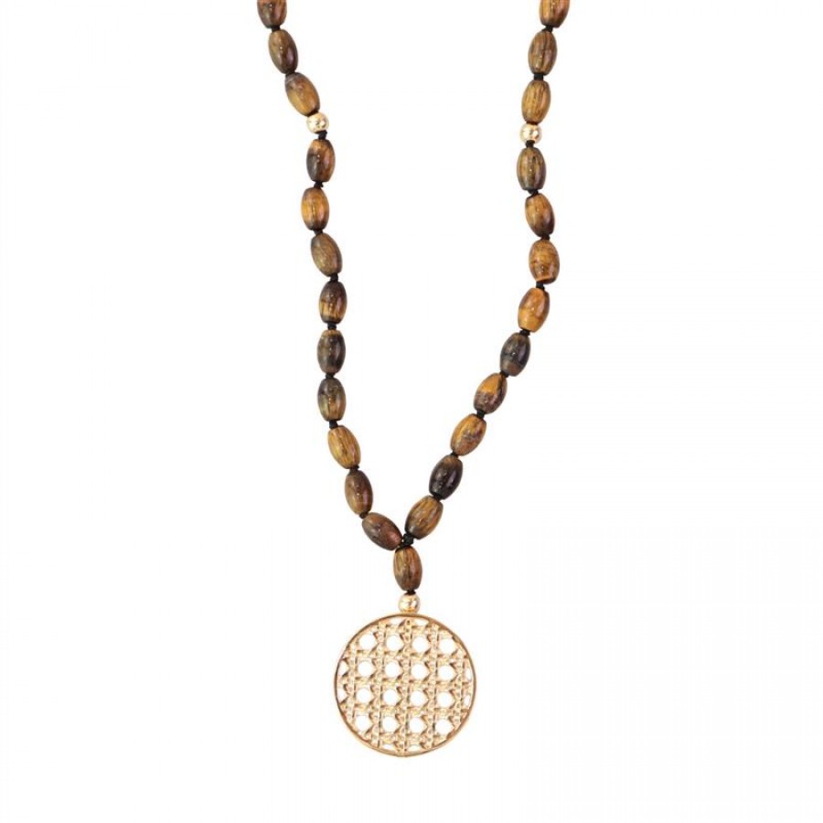 Colar Longo Olho De Tigre Com Pingente Rattan 