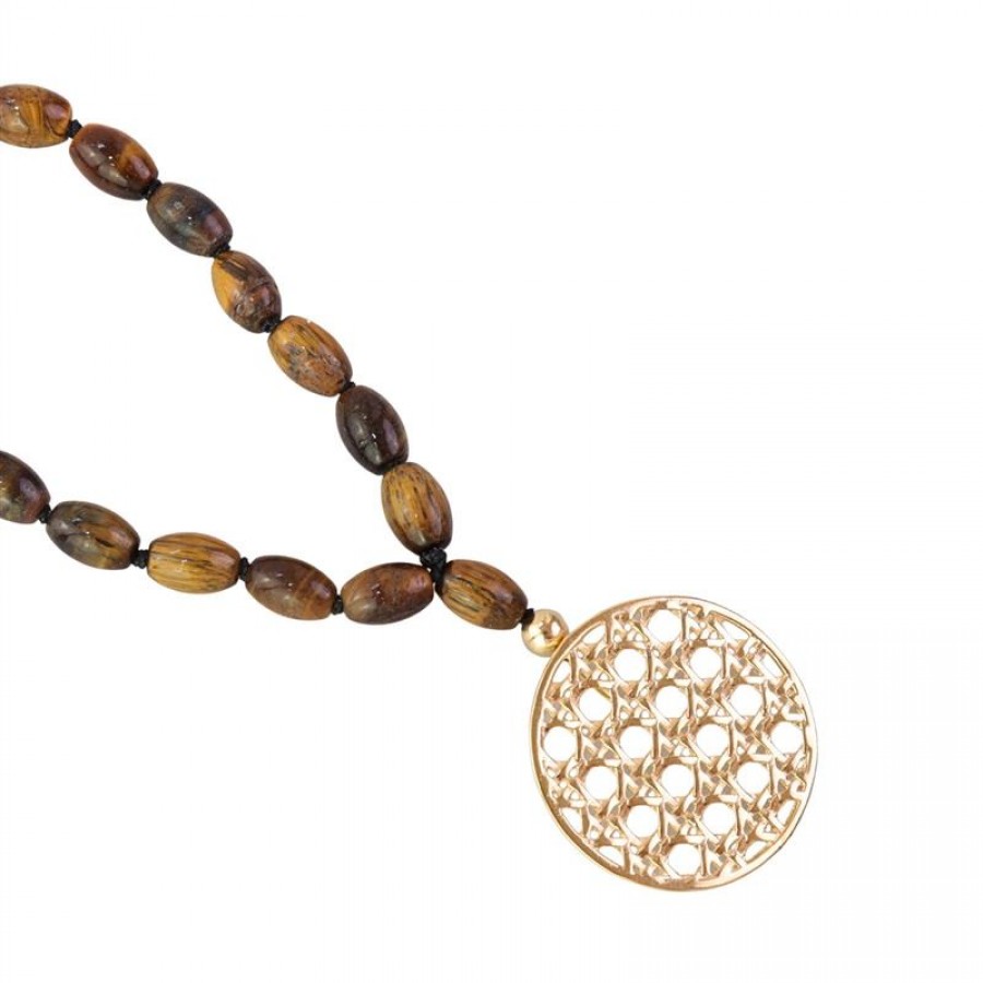 Colar Longo Olho De Tigre Com Pingente Rattan 