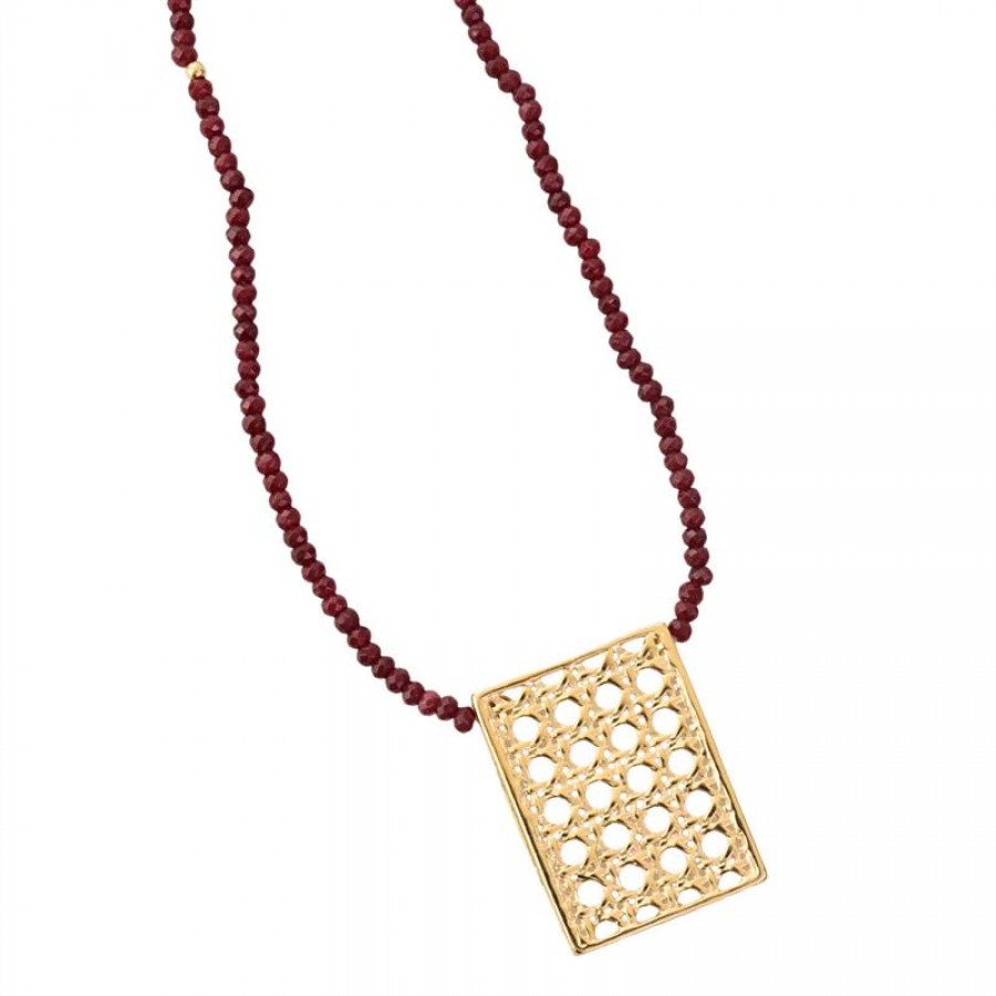 Colar Longo Jade Rubi Com Pingente Retangular Rattan 