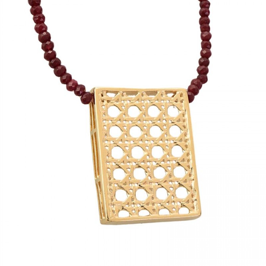 Colar Longo Jade Rubi Com Pingente Retangular Rattan 