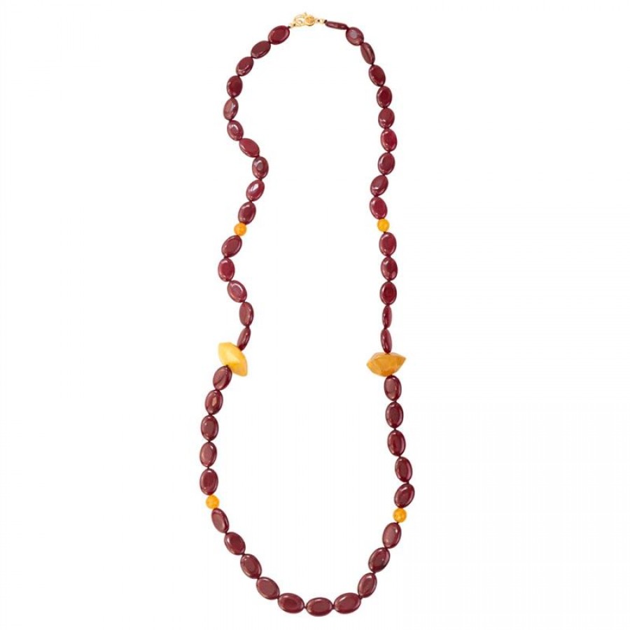 Colar Longo Jade Rubi Com Jade Laranja E Ágata Damasco 
