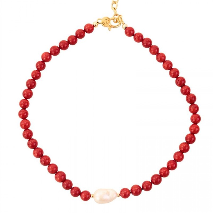 Colar Curto Coral Jaspe Com Mini Pérola Barroca 