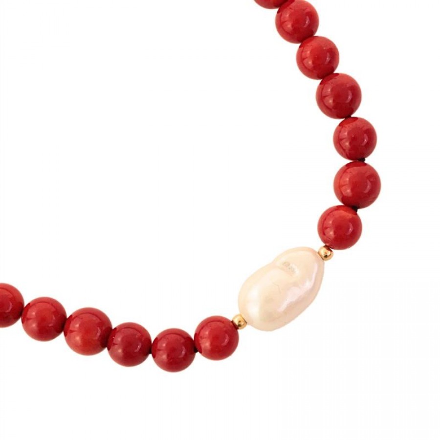 Colar Curto Coral Jaspe Com Mini Pérola Barroca 