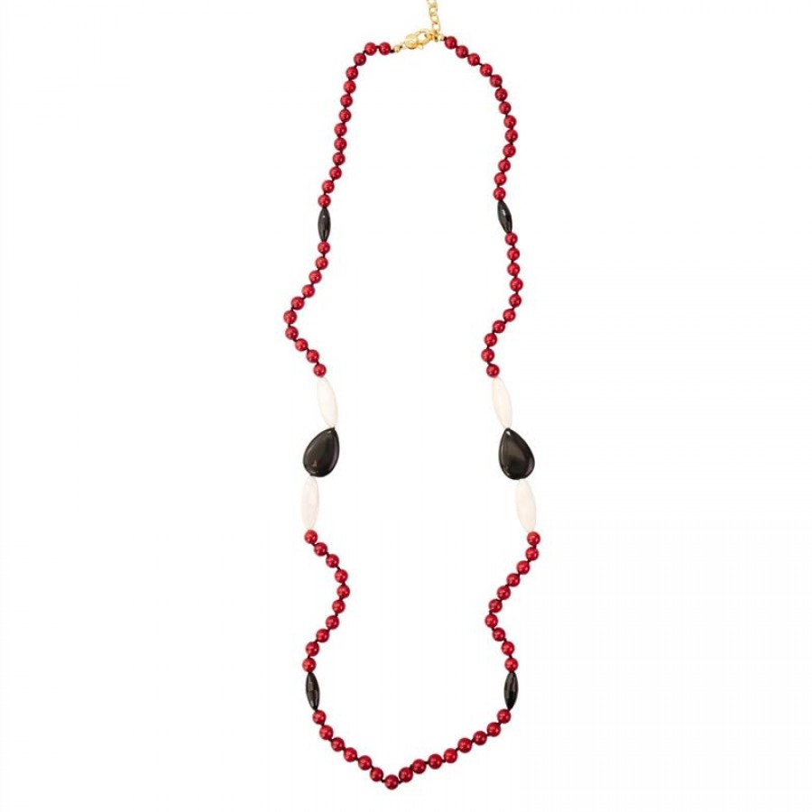 Colar Longo Jaspe Coral Com Madrepérola E Ônix 