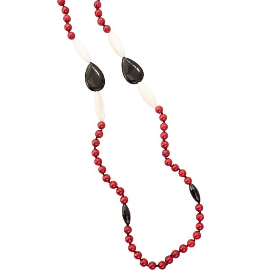 Colar Longo Jaspe Coral Com Madrepérola E Ônix 