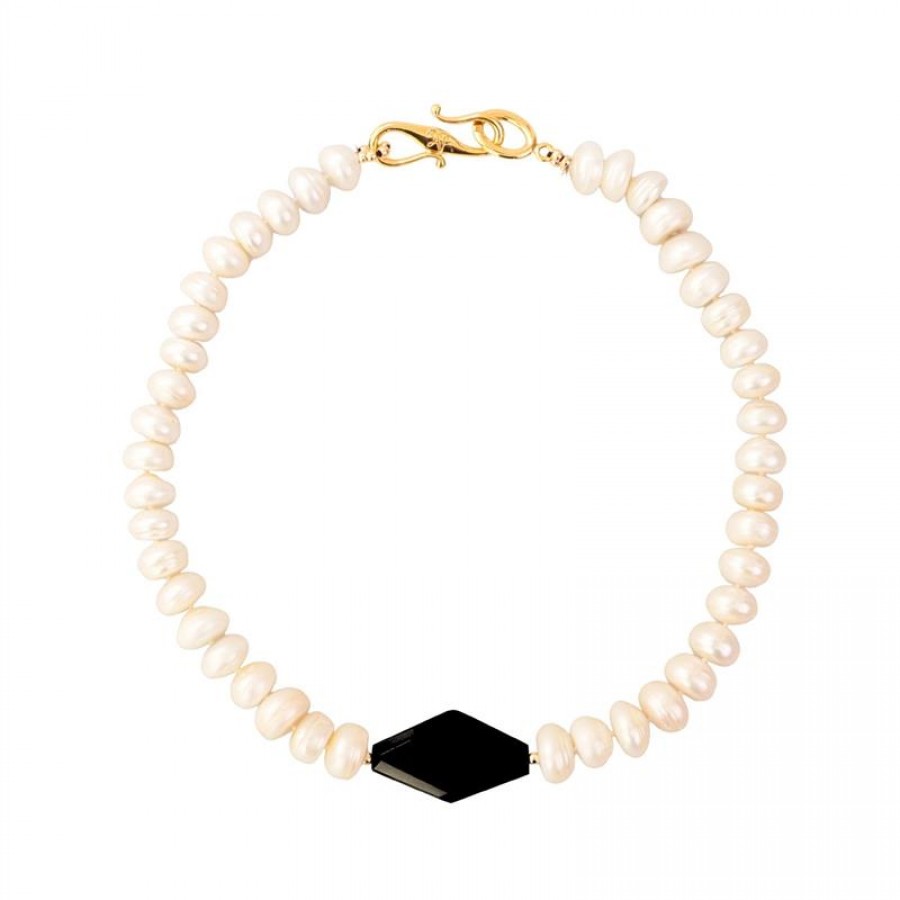 Colar Curto Pérola Rondel Branca Com Ônix E Fecho Infinito 