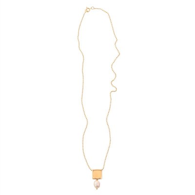 Colar Curto Corrente De Pérola Barroca Com Pingente Quadrado Banhado Em Ouro 18k