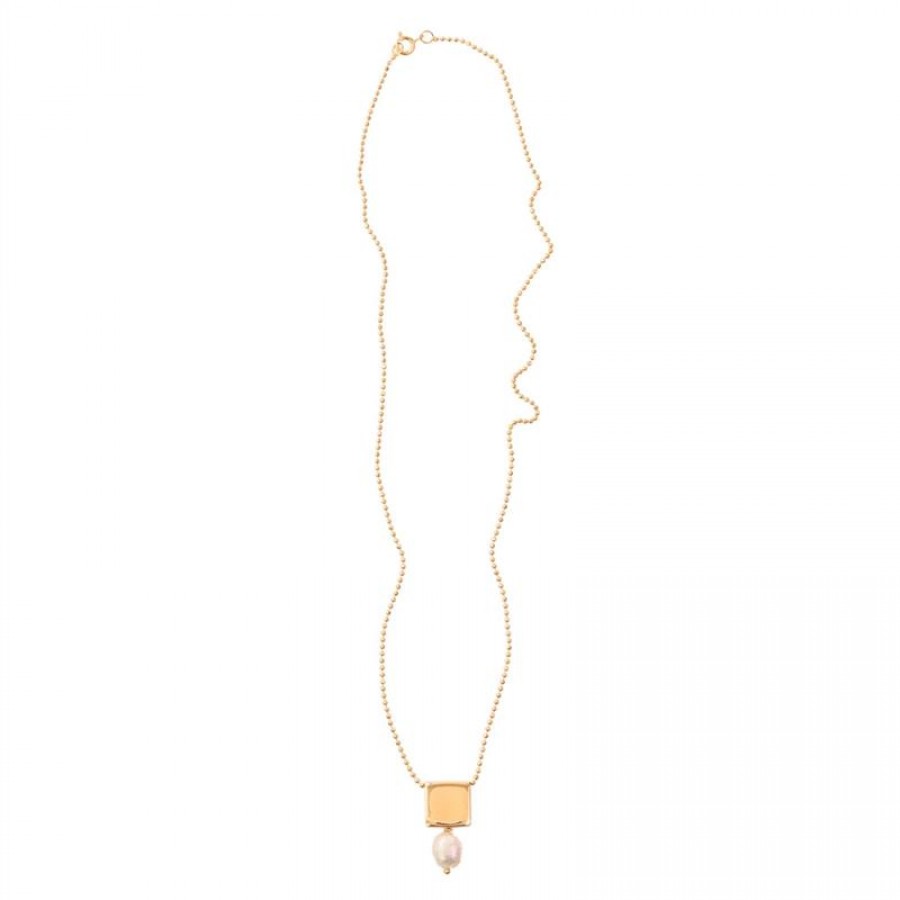 Colar Curto Corrente De Pérola Barroca Com Pingente Quadrado Banhado Em Ouro 18k