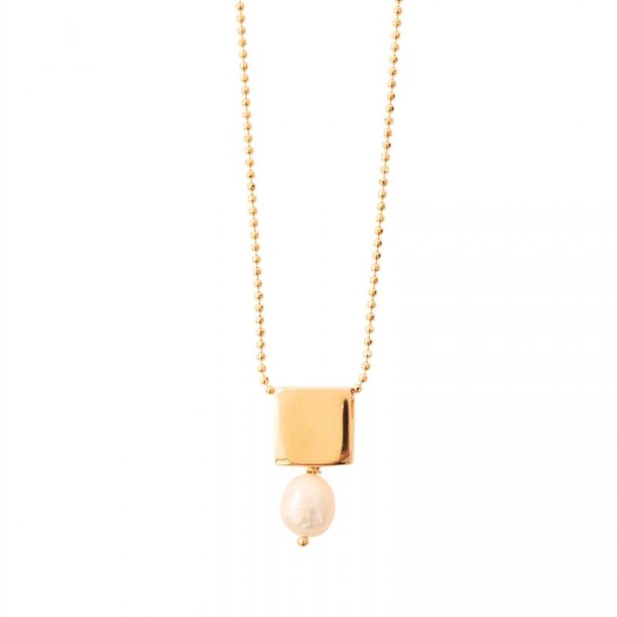 Colar Curto Corrente De Pérola Barroca Com Pingente Quadrado Banhado Em Ouro 18k