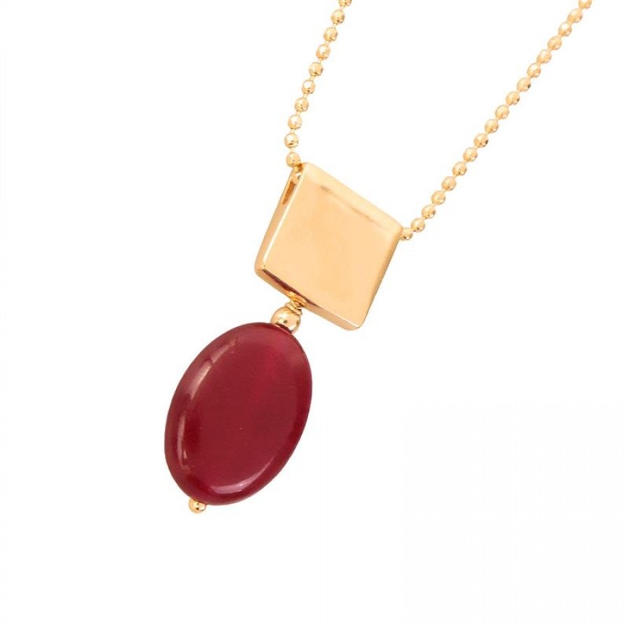 Colar Curto De Corrente  Pedra Rubi Com Pingente Quadrado Banhado Em Ouro 18ca Com Pingente Quadrado Banhado Em Ouro 18k