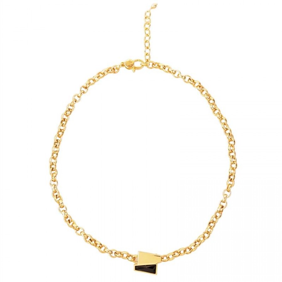 Colar Curto De Elos Com Pingente Duplo Trapézio Pedra Ônix Banhado Em Ouro 18k