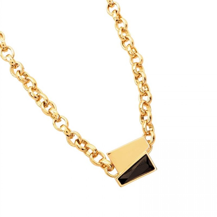 Colar Curto De Elos Com Pingente Duplo Trapézio Pedra Ônix Banhado Em Ouro 18k