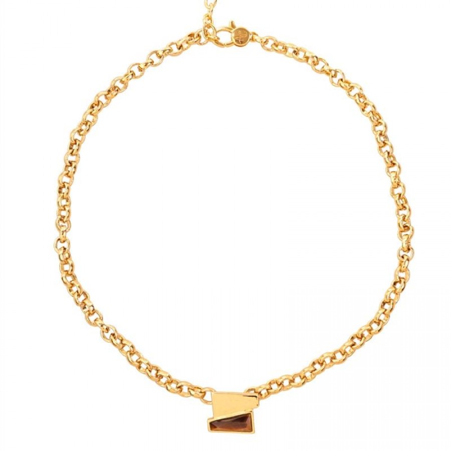 Colar Curto De Elos Com Pingente Duplo Trapézio Pedra Olho De Tigre Banhado Em Ouro 18k